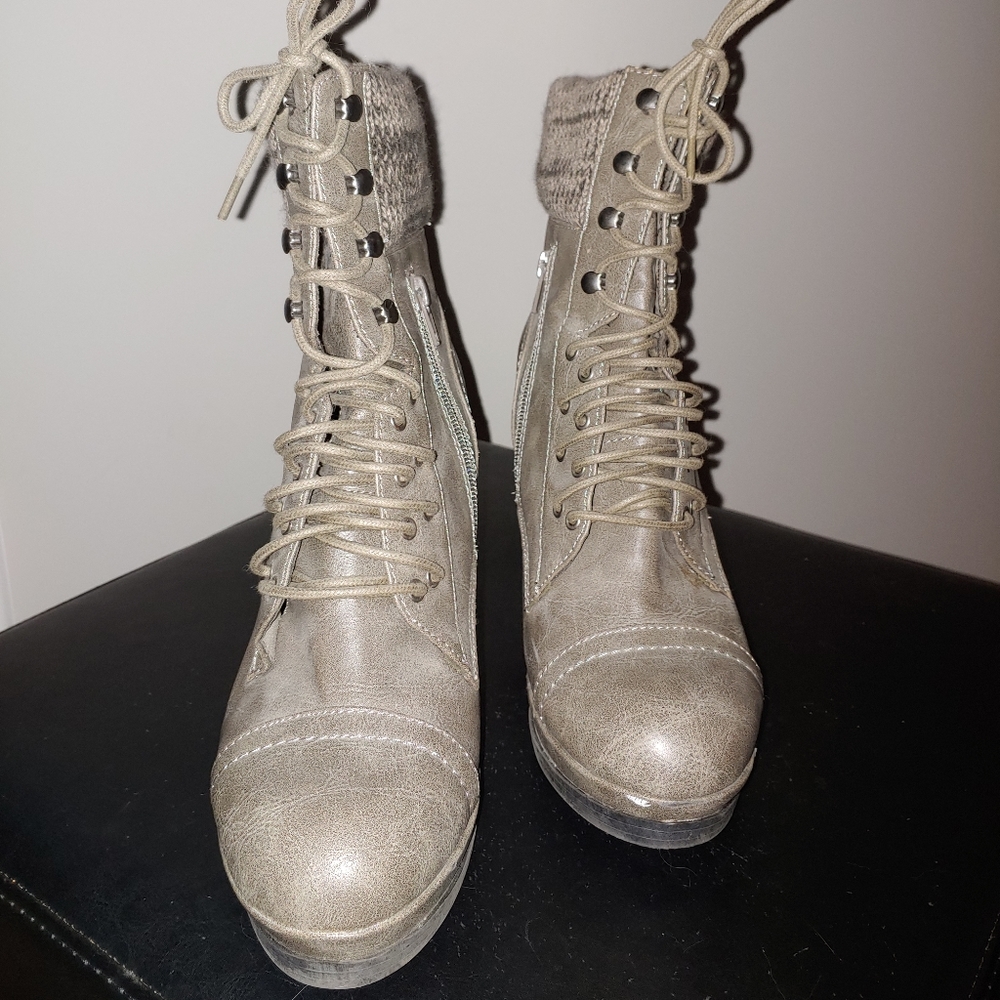 Stacked wedge lace up boot